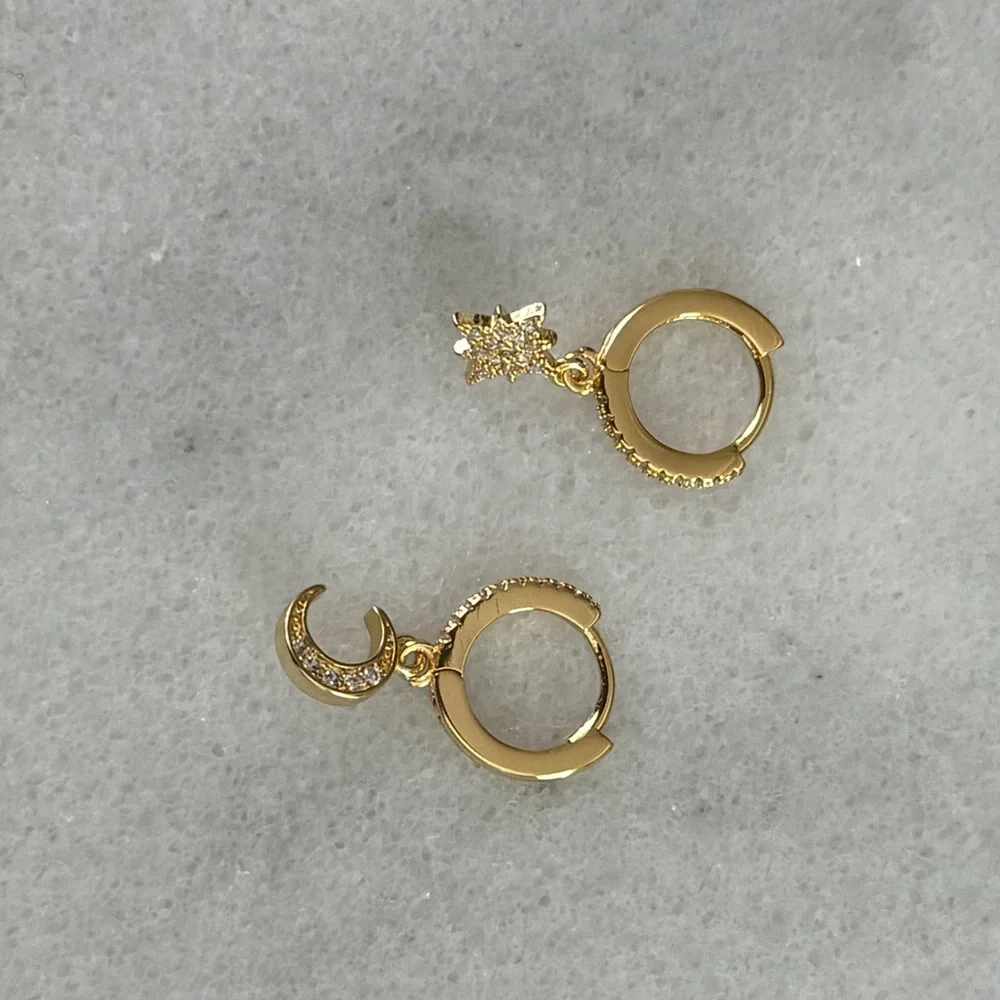 Gold Crystal Pave Star Moon Dangle Huggie Hoop Earrings 

Brand New - Picture 4 of 5